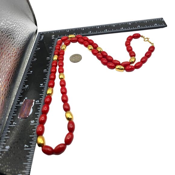 Vintage Napier Necklace Bright Red Gold Tone Oval Shaped Beads 28" L SKU 2258 - Picture 9 of 12